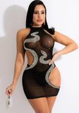 Sexy Black Rhinestone Round Neck Cut Out Sleeveless Bodycon