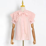 Patchwork Diamonds Shirt For Women Bowknot Collar Short Sleeve Solid Blouses Female Fashion Clothing Style New