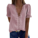 Patchwork V-neck Solid Women Chiffon Blouse Short Puff Sleeve Loose Ladies Blouses Summer Casual Female Tops 2021