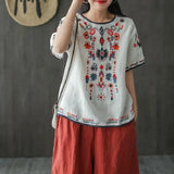 Women's Clothing Vintage Folk Fashion Embroidery Pullovers Commute Loose Spliced All-match O-Neck Summer Short Sleeve T-shirt-Outfit