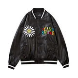 Bomber Jacket women Daisy Embroidery Letter PU Leather Patchwork Autumn jacket College style Men's Baseball