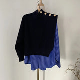 Korean Patchwork Print Striped Sweater For Women Turtleneck Long Sleeve Casual Sweaters Female Fashion New