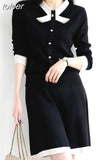 Ladies Women Sweater Skirt Suit Casual Knitted Female Skirts Suits Bow Button Two Piece Sets Womens Outifits Winter