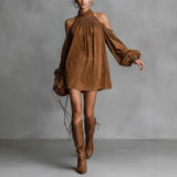 Fashion Print Bubble Sleeve Deep V-Neck Open Fork Sexy Lady Long