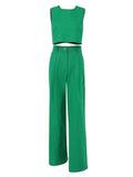 Ladies Office 2 Pieces Women Sets Cropped Vest And Pleated Wide Leg Pants Outfits Zip Casual Summer 2022 Green