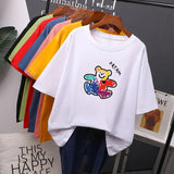 Cute Bear Printed T Shirts Women 2021 Summer New Kawaii Basic Loose Tees Soft Oversized Female Cotton Tops