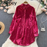 Blouse Shirts Long Sleeve Top Button Up Shirt Y2K Vintage Women Clothing Club Party Glitter Top Female Collared