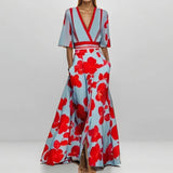 New Women's Fashion Elegant Temperament V Collar Print Credant Skirt
