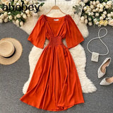 Sweet Solid Women Square Collar Flying Sleeve Ruffle A-line Dresses Summer Boho Chiffon Midi