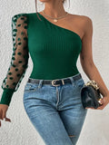 Toloer Women's 2024 New Inclined Shoulder Single Sleeve Wave Dot Mesh Splicing Long Sleeve Waist Show Thin Female Jacket T-Outfit