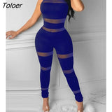 Women Fashion Elegant Casual Sheer Mesh Thick Strap Sleeveless Skinny Jumpsuit Solid Sexy Round Neck