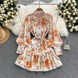 Casual Print Patchwork Dress For Women Stand Collar Lantern Long Sleeve Lace Up Slim High Waist Mini Dress