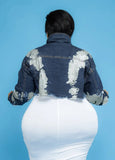 Plus Size Fashion Print Blue Turn Down Collar Long Sleeve Jeans
