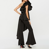 White Patchwork Ruffle T Shirt For Women Skew Collar Sleeveless Irregular Hem Slim T Shirts Female Fashion