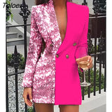 Women Office Dress Colorblock Patchwork Long Sleeve Blazer Dress V Neck Sequins Double Breasted Blazer
