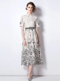 Summer Runway Vintage Shirt Dress Women's Lapel Short Sleeve Retro Pattern Office Ladies Work Midi Dress with Belt