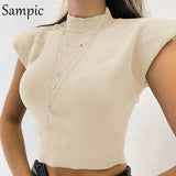2020 Y2K Women Pullover Knitted Cropped Shoulder Pads Sweater Vest Winter Ladies Autumn Black Apricot O Neck Jumper