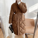 Women's Dual Pocket Long Winter Quilted Coat Knee Length Korean Belted Warm