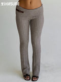 Casual Basic Knitted Flares Pants Autumn Winter Slim Solid Turn-Down Waist Low-Waisted Pants Women Fashion Streetwear-Outfit
