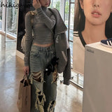Tshirts for Women 2023 Ropa Mujer Fashion Diamond Long Sleeve Tunic Tees Crop Tops Solid Color Casual Y2k T-shirts-Outfit
