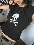 Skull Print Short Sleeve Y2K Crop Top-Outfit