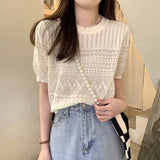 Version Of Chic Summer Sweet Round Collar Hooded T-Shirt Design Hollow Flowers Thin Knitted Shirt