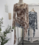 Print Double-Layer Mesh Long-Sleeved Top Design Feel Irregular Ribbon-Up T-Shirt