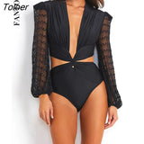Deep V Neck Mesh Bodysuits Women Sexy Long Sleeve Elegant Beachwear Solid Bodycon Hollow Out Slim Black Rompers