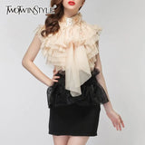 Chiffon Blouse Tops Female Sleeveless Perspective Bowknot Ruffles Shirts For Women 2022 Summer Sexy