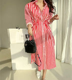 Autumn New Striped Single Breasted Medium Length Shirt Straight Casual Woman