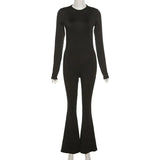 Black Stretchy Bodycon Jumpsuits Women Sexy Backless Slim Flare Rompers Streetwear Casual Work Out