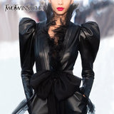 Patchwork Mesh PU Leather Women's Jackets V Neck Puff Long Sleeve High Waist Slim Bow Coat Female 2020 Fashion