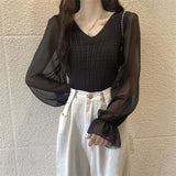 Temperament Spliced Chiffon Sleeve Long-Sleeved Top Women's Spring And Autumn New Design Sense Slimming