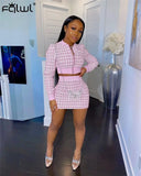 Plaid Neon Green 2 Two Piece Set Outfits For Women Zipper Bodycon Long Sleeve Crop Top and Skirt Set Women Matching