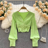 New Spring Shirts Women Elegant Vintage Solid Long Sleeves Slim Tops Fashion Button Sexy Streetwear Short