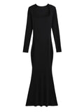 Sexy Square Collar Knitted Cotton Maxi Long Mermaid Dress Women Full Sleeve Stretch Basic Bodycon Fishtail Robe Vestido-Outfit
