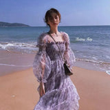 Women Mesh French New Summer Sweet Leisure Mid-calf Cozy Design Cute Lovely Print Student Long Sleeve Fashionable
