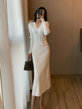 Women Winter Sheath Elegant Midi Knitted Dress Sexy V-neck Long Sleeve Wool Blend Warm Design Knitting Clothing Winter 2023