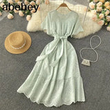 Pink/White/Green French Hollow Ruffles Dress Women O Neck Lace up Solid A-line Dresses Summer Elegant Streetwear Midi