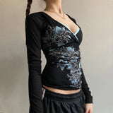 Plant Floral Print V-Neck T-Shirt 2025 Autumn Knitted Jersey New
