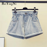 High Waist Denim Shorts Woman Vintage Fashion Oversized Crimping Mom Jeans Summer Black Street Short Jeans