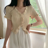 Style Summer Casual Short Sleeve Ruffles Cardigan Women Open Buttons V neck Cropped Sweater Sueters De