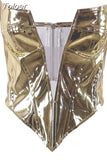 Metallic Bustier Corset Tops Woman Sexy Deep V Mesh Patchwork Zip Backless Tube Top Baddie Club Wear