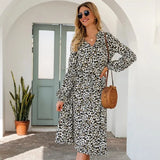 New Women Long Leopard Print Dress Women Elegent Full Sleeve V Neck Spring Summer Dress Female Mid Calf Dress Office