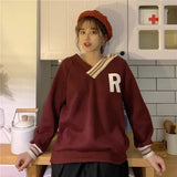 Women Loose Tops Slouchy Style WinterWarm Sweatshirts V-Neck Long Sleeve Pullover Girls Patchwork Clothes Blouse