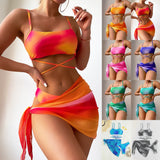 Toloer Tie-Dyed Bikini Swimsuit Female Three-Piece Mesh Skirt Split Bikini