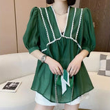 Lady Solid Color V-Neck Loose Chiffon Blouse Women's Clothing Short Sleeve Summer Lace Patchwork Casual All-match Shirt-Outfit