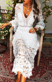 Elegant White Slim Lace V-neck Long