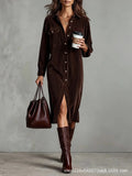 Women's Elegant Workwear Style Pocket Button Velvet Shirt Dress