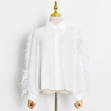 Casual White Chic Shirt For Women Lapel Long Sleeve Patchwork Feather Shirts Female Fashion New Clothing